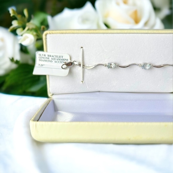 Genuine Aquamarine Silver Bracelet With Diamond Accents - Picture 5 of 8